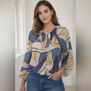 Worthington Women's Multicolor Geometric Blouse Balloon Sleeves & Bodice Sz L